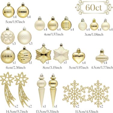 60 шт. новорічні кулі для прикраси ялинки Valery Madelyn, набір міцних кулішок, декор на Новий рік (золотий)