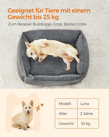 Ліжко для собак Feandrea, м'який лежак для собак з льоновим покриттям, кошик для собак, підняті бортики, неслизьке дно, знімний та пральний чохол, L, для середніх собак, 90 x 75 x 25 см, світло-сірий