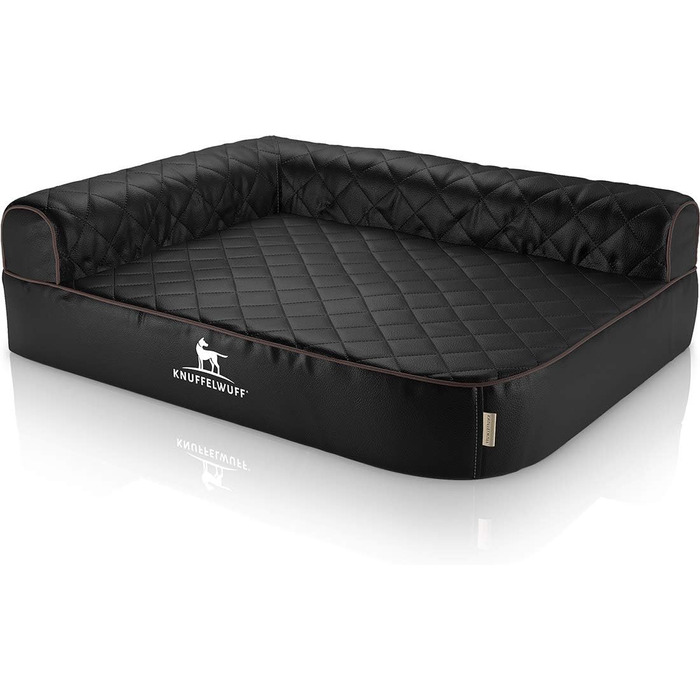 Ортопедичне собаче ліжко Knuffelwuff Winslow з штучної шкіри, XXXL, 140 x 100 см, знімний чохол, легке очищення, для великих собак (спинка зліва, чорний колір, розмір 140 x 100 x 27 см)