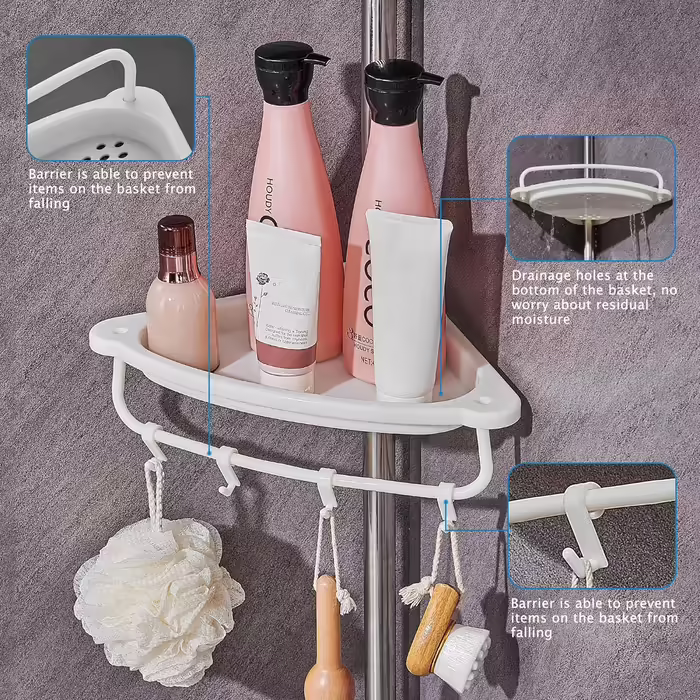 Adjustable Height Shower Shelf without Drilling, Corner Shower Rack Stainless Steel Corner Shelf Bathroom Shelf with 4 Baskets and 1 Towel Holder for Bathtub and Bathroom, Rust-Proof, 95-305CM White