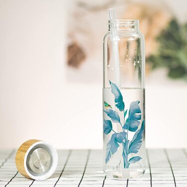 Glass Drinking Bottle 1L Glass Water Bottle with Bamboo Lid 1 Liter (1000ml) (Bird 1liter)