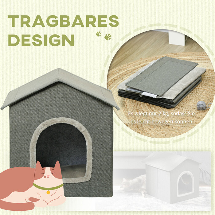 PawHut Cat Cave House Shape with Washable Cushion, Cozy Cat Snuggle Cave with Two Doors, 39 x 43.5 x 40.5 cm, Grey