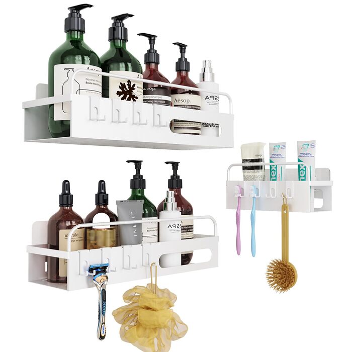 Полка для душу Uamector без свердління - Дзеркальна полиця для ванної кімнати, нержавіюча сталь, 2 шт. (3 шт. залізні пластини, білий)