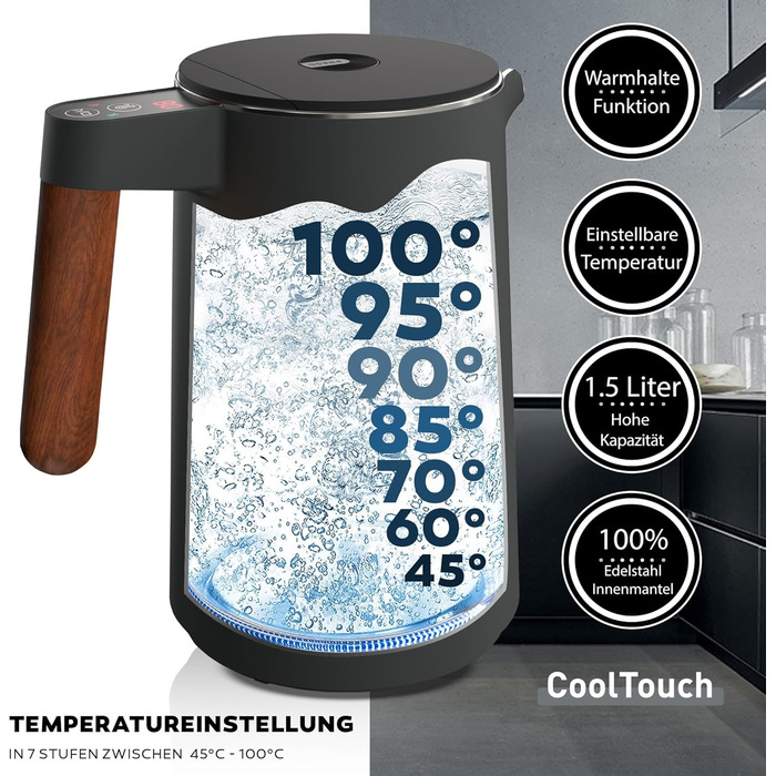 BALTER Stainless Steel Kettle with Temperature Setting, 45°C-100°C, Double-Walled, BPA-Free, Quiet & Cordless, Keep Warm Function, Tea Kettle with Temperature Display, 1.5L, 2200W, Black (Titanium Gray)