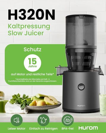 Соковитискач Hurom H320N електричний, холодного віджиму, для овочів та фруктів, 200 Вт, BPA Free, титановий сірий, тиха робота, легке очищення, контейнер 2л, сито-фільтр
