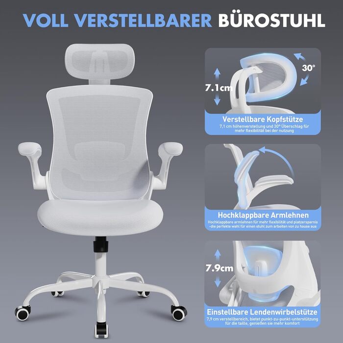 Офісне крісло Colamy: ергономічне, з регульованою підголівником та поперековою підтримкою, біле