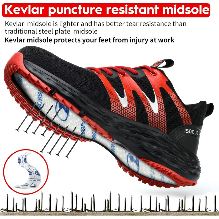 Черевики робочі ISOOUS для чоловіків та жінок, захисні черевики зі сталевим підноском, спортивні, червоні, антиковзаючі, дихаючі, 43 EU