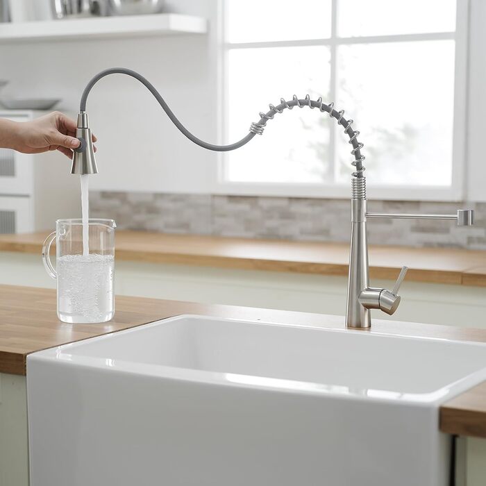 Кухонний змішувач TIMACO з поворотним гусаком 360° та висувною лійкою, з нержавіючої сталі, з покриттям з брашованого нікелю