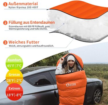 Спальний мішок пуховий зимовий, 600FP+ Premium, 12°C до -24°C, 3-4 сезони, для кемпінгу, трекінгу, походів, оранжевий
