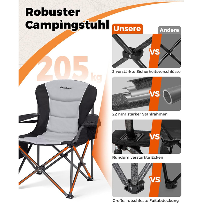 Крісло для кемпінгу KingCamp XXL, 205 кг, з регульованою спинкою, підстаканником та сумкою-холодильником