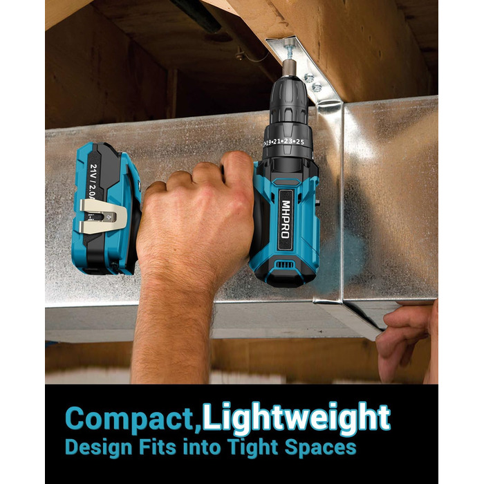 Акумуляторний шуруповерт MHPRO 21V з 2 акумуляторами 2.0Ah, 42Nm, 25+3 ступені крутного моменту, LED, 10мм патрон, 14-ти частинний набір для дому та саду