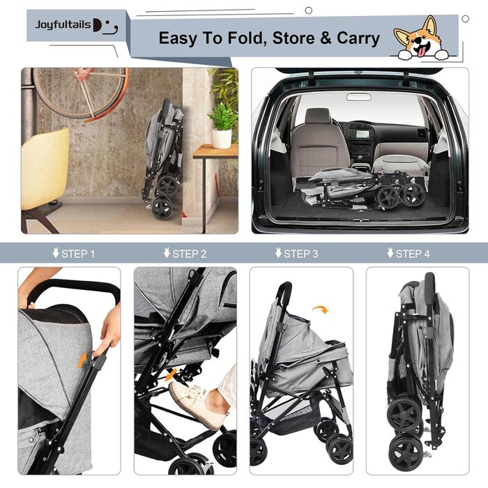 Складаний візок для собак, переноска для тварин до 20 кг, сірий. Підходить для собак та котів