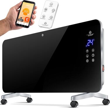 Скляний електричний конвектор KESSER з WiFi, APP та сенсорним керуванням, 2000 Вт, чорний — настінний та підлоговий обігрівач з таймером та пультом