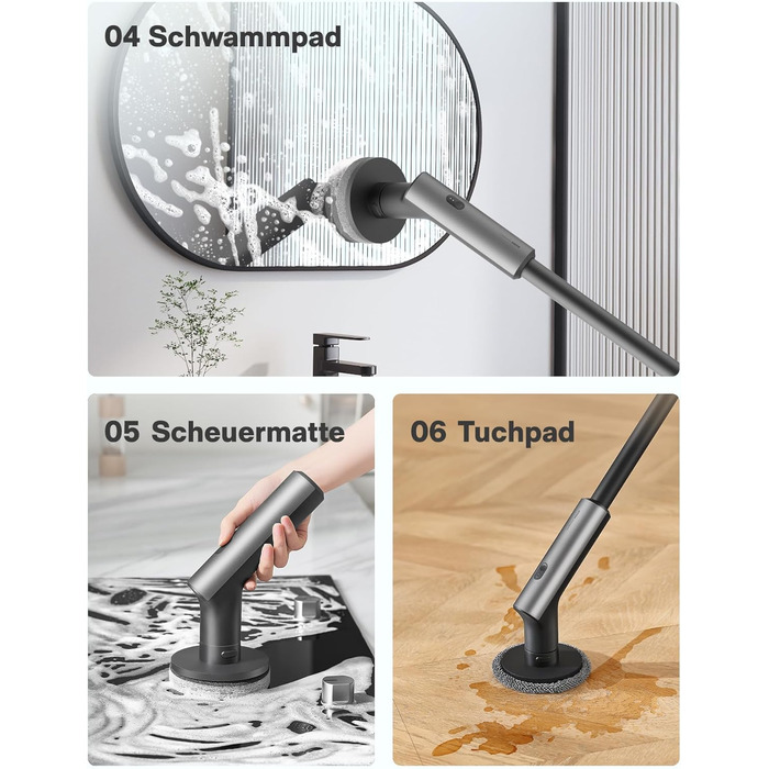 HOTO Electric Cleaning Brush with Extension Handle, IPX7 Waterproof, 6 Replaceable Brush Heads – For Floors, Tiles, Glass, and Toilets – Ideal for Bathroom, Kitchen, and Car (Dark Grey)