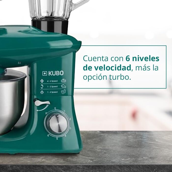 Kubo Food Processor - 7 Accessories: Mixing Bowl, Meat Grinder, Large Bowl, Protective Lid, Whisk, Mixer, and Dough Hook - Color: Green - Capacity: 6 Liters