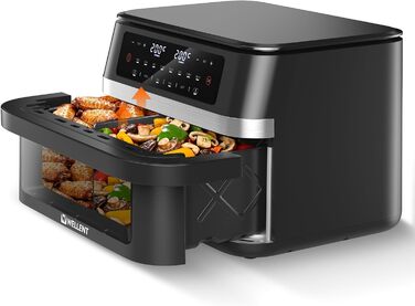 Аерофритюрниця WELLENT 12L Dual Zone XXL - 2950W з двома камерами (6+6L) з оглядовим вікном, функцією Match & Sync, нагадуванням про струшування, придатна для миття в посудомийній машині