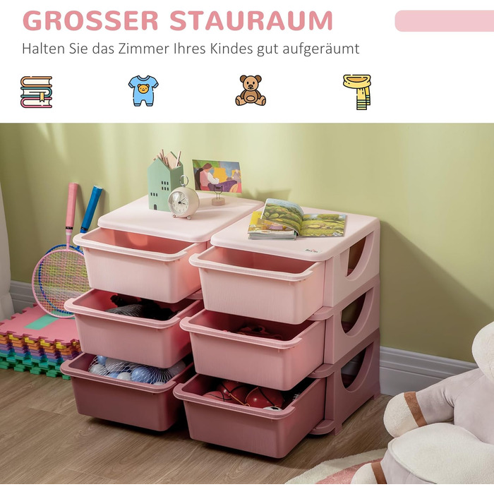 HOMCOM Kids' Chest of Drawers with Storage Boxes, Toy Organizer, Toy Box, Three Tiers for Children's Room, 3-6 Years, Children's Furniture, 37 x 37 x 56.5 cm (75L x 37W x 56.5H cm, Pink+Purple)