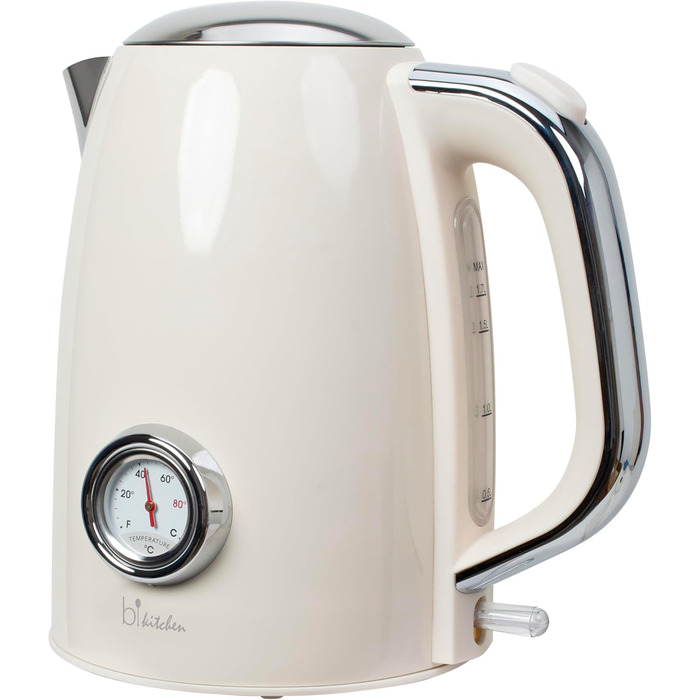 Електричний чайник Retro Style Nostalgia 1.7 л, 1850-2200 Вт, кремовий, з LED-дисплеєм температури та рівня води, бездротовий, автоматичне вимкнення, нержавіюча сталь