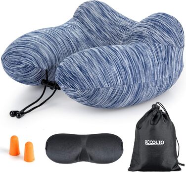Подушка для шиї у подорожах: надувна, для автомобіля та літака, з маскою для сну, блакитна