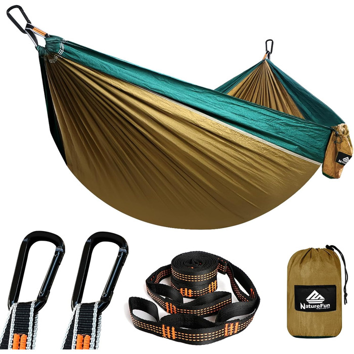Легка туристична гамак NATUREFUN для кемпінгу | 300 кг вантажопідйомність, 275 x 140 см, дихаючий матеріал, швидковисихаючий нейлон, 2 карабіни, 2 петлі, для дому, саду, намету | Колір: верблюжий/темно-зелений