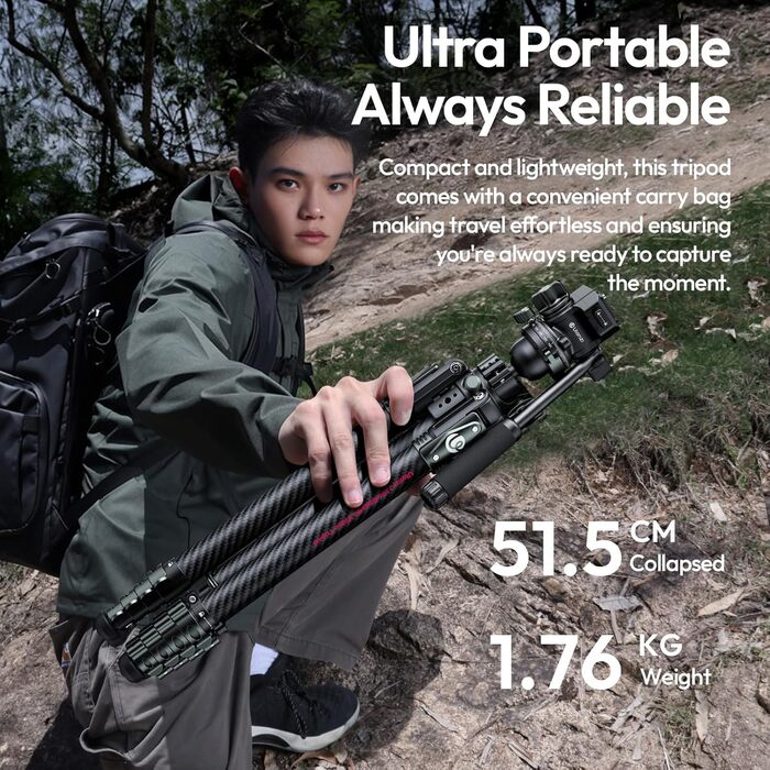 Штатив для камери ULANZI JJ05 GlideGo 184 см з карбону, складний, з поворотним центральним стовпом, легкий туристичний штатив з кульковою головкою 360° та швидкознімною платформою для DSLR, максимальне навантаження 18 кг (JJ06 Відеоштатив)