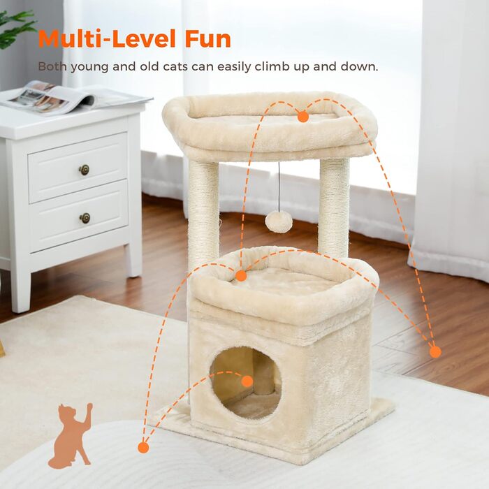 PAWZ Road Cat Tree, Multi-Tier Cat Tower with Sisal-Covered Scratching Post, Cozy Cat Condo & Large Cat Perch for House Cats, Beige