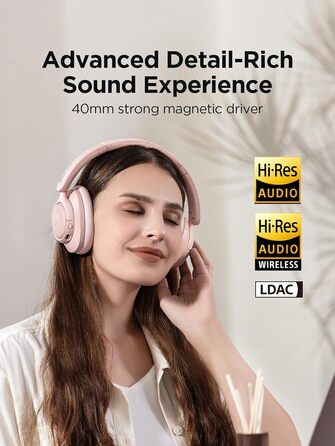 1MORE HQ31 Бездротові навушники Bluetooth Over-Ear з активним шумозаглушенням, 90 годин роботи, Hi-Res аудіо, просторовий звук, чіткими дзвінками, швидкою зарядкою та EQ в додатку (Рожеві)