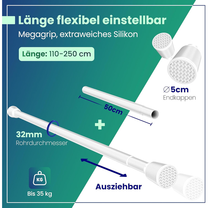 Штанга для штор без свердління – телескопічна штанга для штор, розтяжна – штанга для душу без свердління, штанга для штор, штанга для одягу, кріпильна штанга, сітка від котів (110-250см, білий)