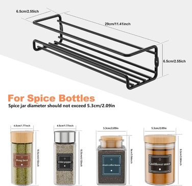 Настінна полиця для спецій, 4 шт. Організатор для спецій без свердління, металевий підвісний тримач для спецій з 8 самоклеючими та гвинтовими кріпленнями, для кухонної шафи/комори, чорний