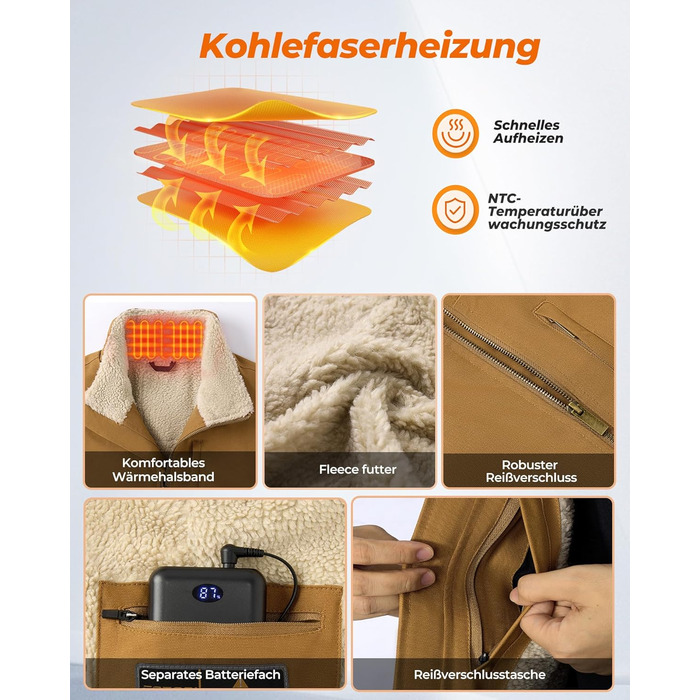 Електрична гріюча жилетка для чоловіків з Powerbank 16000mAh, 7,4V, 9 зон обігріву, канвас, фліс, регулювання температури, khaki XXL