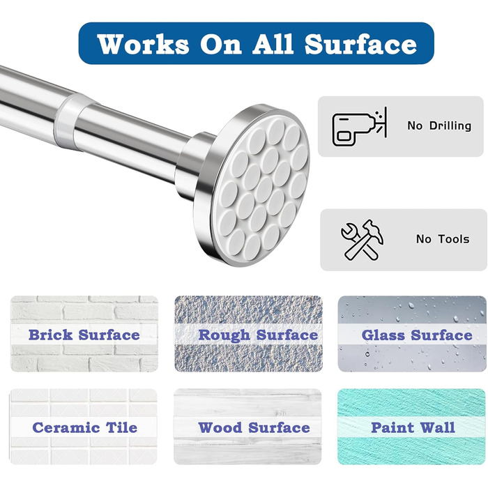 Штанга для штор у ванну/спальню, телескопічна, без свердління, 69-90 см, діаметр 32 мм, срібна