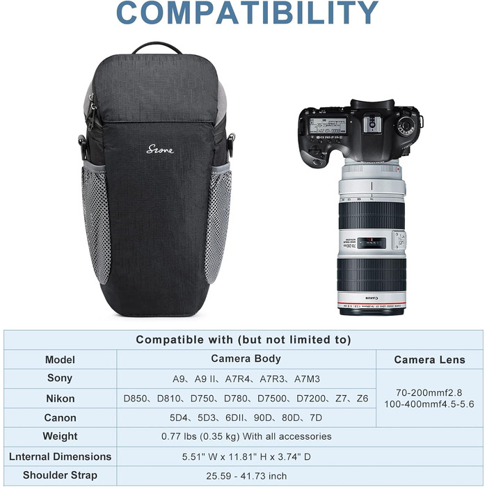 Водонепроникна сумка для камери S-ZONE для фотографів, сумісна з Nikon, Canon, Sony (чорна)