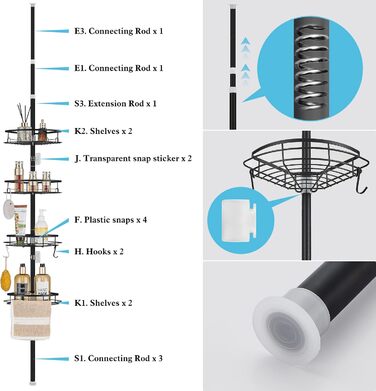 DUFU Shower Shelf Telescopic, No Drilling Required, with 4 Shower Basket, Corner, Non-Slip, Stable Bathroom Shelf Made of Metal, Height Adjustable 85-325cm, Telescopic Shelf, Black