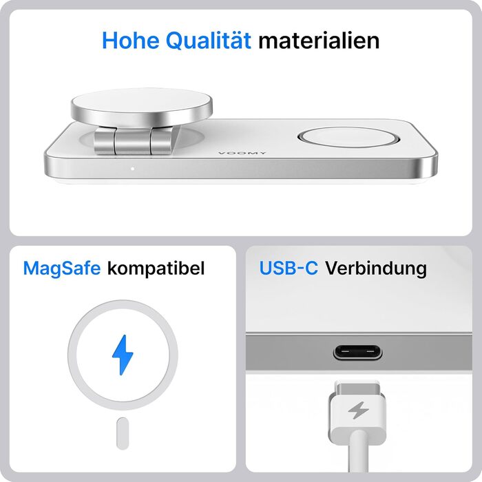 Зарядний пристрій Voomy 3-в-1 з індукційною зарядкою, сумісний з MagSafe, для iPhone, AirPods та Apple Watch, 15W, складаний, з USB-C кабелем та адаптером (білий)