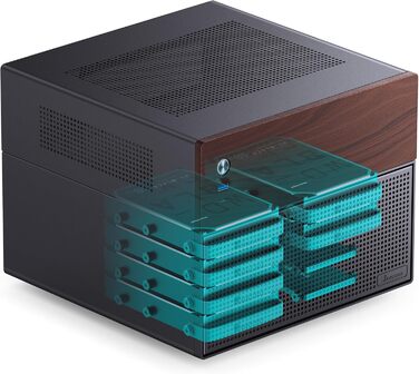 Корпус Jonsbo N4 NAS чорного кольору – компактний Micro-ATX корпус для саморобних NAS, підтримка 6x 3.5' та 2x 2.5' HDD, 4 слоти Low-Profile, USB-C & USB-A, дерев'яний дизайн