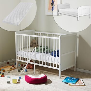 Convertible Baby Bed with Mattress, Toddler Bed, Crib, Bedside Sleeper, 60x120, Fall Protection, Baby, Toddler, Children's Bed, Complete Set, Height Adjustable & Removable Slats, Wood in White, 60 x 120 cm + Mattress White