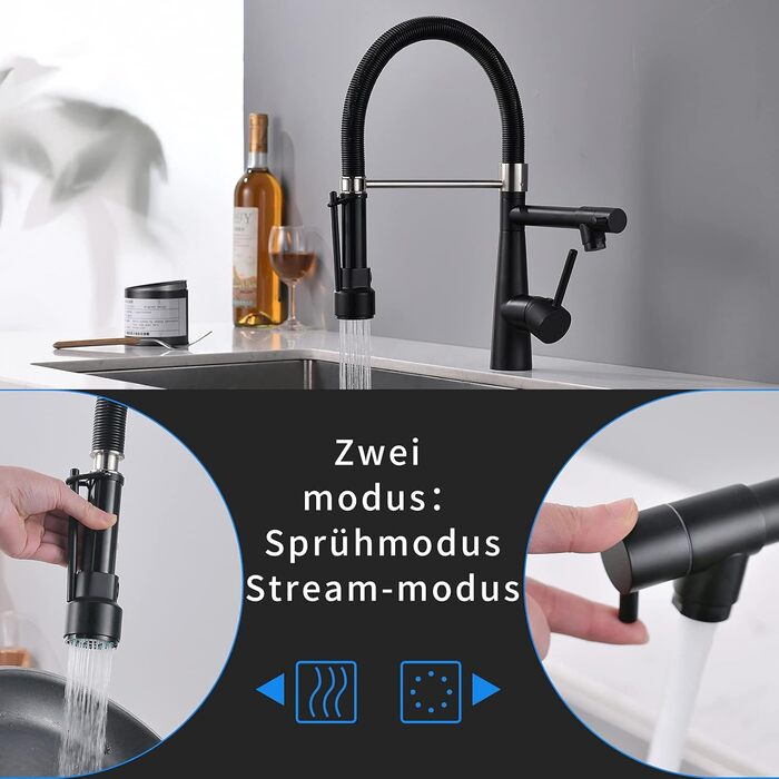 Чорний кухонний змішувач з висувною лійкою, поворотний на 360°, з витяжною насадкою для душу, для високого тиску, чорний, Küchenarmatur Negro