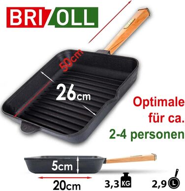 Чавунна сковорода гриль 26 см з дерев'яною ручкою для газових грилів, духовки, індукції та відкритого вогню