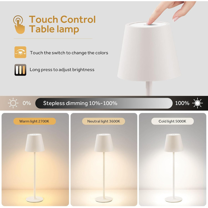 Настільна світлодіодна лампа DEELUX акумуляторна, димова, з регулятором яскравості, 3 режими світла (2700K/3600K/5000K), USB-C, водонепроникна IP44, для дому та вулиці