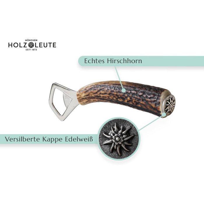 Bottle opener made of stag horn, with a handle made of genuine horn, traditional-style capsule opener, silver-plated decorative cap with edelweiss motif, ideal for traditional dress enthusiasts and hunters, as well as for a rustic home.