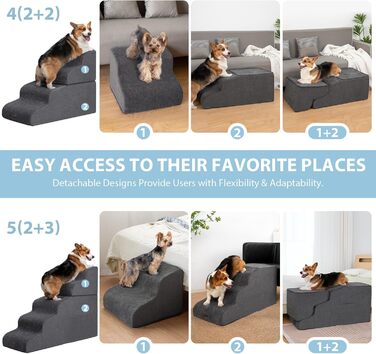 Trhillsbrad Dog Stairs, 5 Steps for Small Dogs, High-Density Foam Pet Stairs, Washable Cover and Non-Slip Bottom (Foldable Dog Stairs, 4 Steps)
