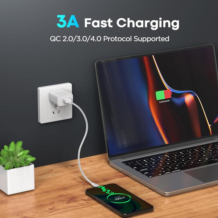 Кабель USB-C на USB-A, 30см, 2 шт., білий. Швидка зарядка, нейлон, для iPhone, Samsung Galaxy