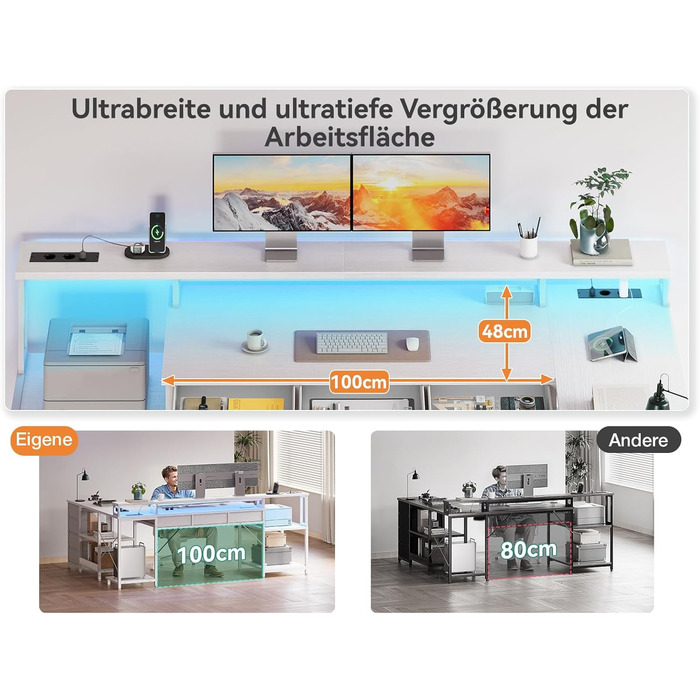 Комп'ютерний стіл Coleshome з 7 висувними ящиками та великим об'ємом зберігання, кутовий стіл з RGB LED підсвічуванням, реверсивний L-подібний стіл з 2 розетками, ідеальний для офісу та геймінгу (білий, 179.5×135.5 см)