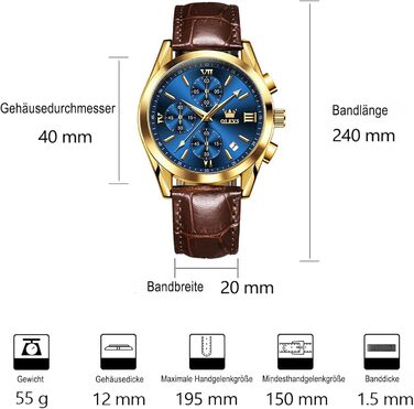 Чоловічий годинник OLEVS Vintage з шкіряним ремінцем, велике циферблат, водостійкий, аналоговий годинник з датою (2872, блакитний циферблат/коричневий ремінець)