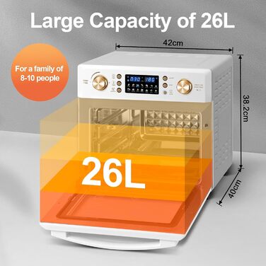 Аерофритюрниця LLIVEKIT 26 л, міні-піч з конвекцією, 14-в-1, 360° циркуляція повітря, швидке та здорове приготування з низьким вмістом жиру, енергозбереження 60%, 1700 Вт, кремова, 8 аксесуарів, книга рецептів