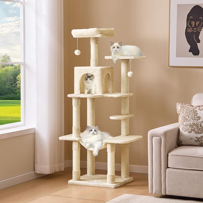Кігтеточка для котів MSmask велика, багатоповерхова, з платформами, гамаком та сизалевими стовпчиками (бежева)