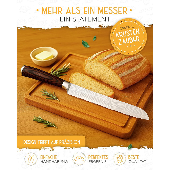 Ніж для хліба KRUSTENZAUBER з хвилястим лезом 20 см, великий ніж для хліба з довговічної нержавіючої сталі для точного та легкого нарізання, пиляльний ніж для хліба та булочок (26 см, дерев'яний грифель)