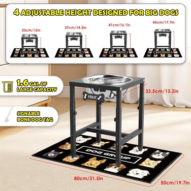 Підвищений миска для собак (6 літрів) для великих собак, 4-рівнева регулювання висоти (33–46 см), з нержавіючої сталі з вологостійким килимком та стійким металевим підставкою, легко миється, для дому та вулиці