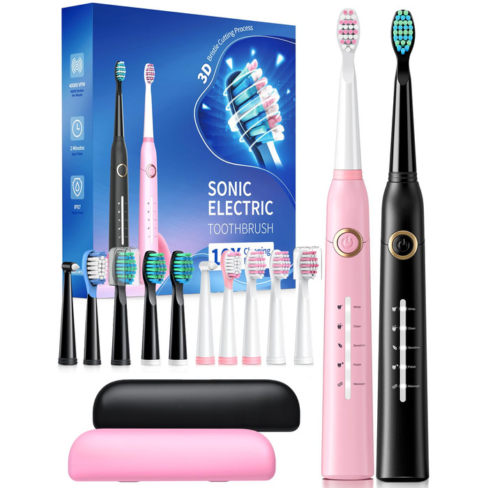 Електрична зубна щітка Demita зі звуковою технологією, 8 насадок, 40000 VPM, 5 режимів, швидка зарядка (30 днів роботи), чорний та рожевий кольори, у комплекті з кейсом S1