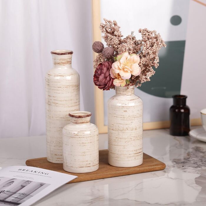 Набір керамічних ваз білого кольору – 3 шт., вази в стилі бохо, сучасний сільський інтер'єр, декор для вітальні, прихожої, полиці, каміна, полиці (Hp009)